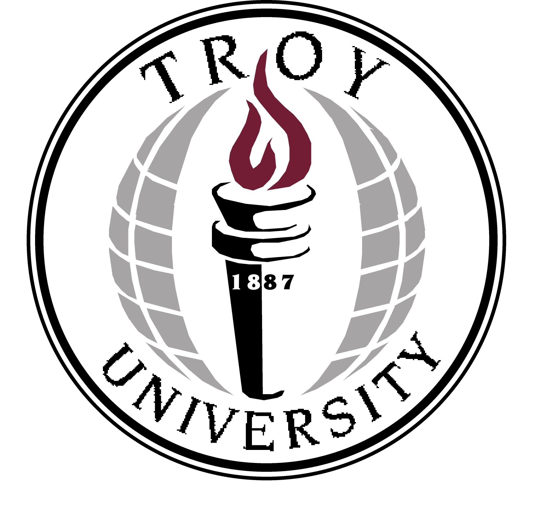 Circular Troy University logo with a flame coming from a torch. 